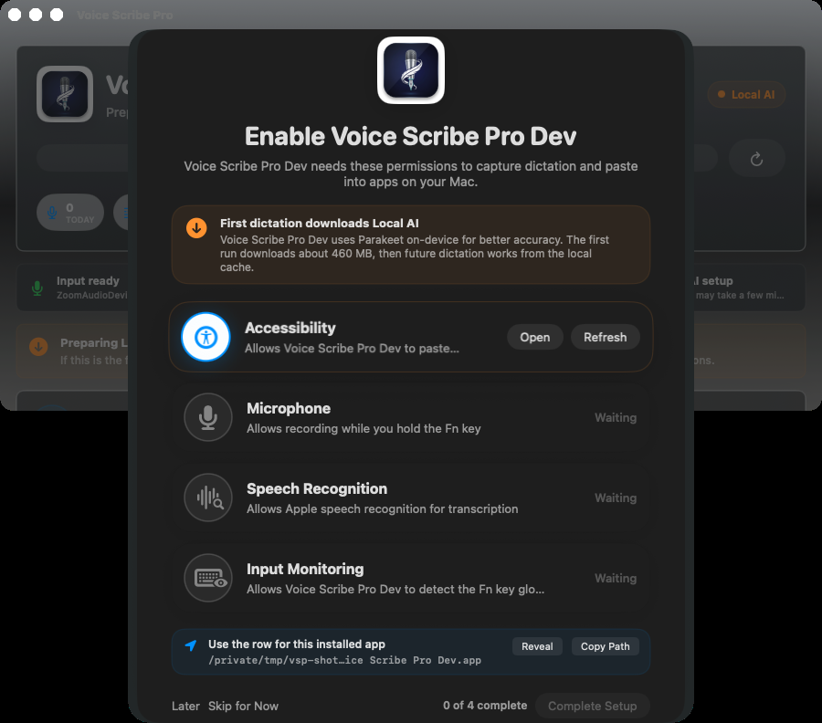 Actual Voice Scribe Pro Mac beta app showing guided permission setup for local dictation